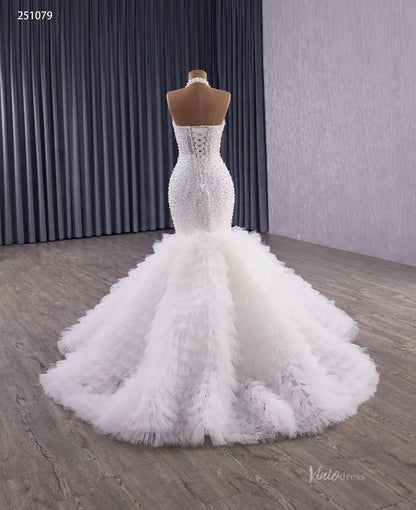 Mermaid Ruffle Wedding Dress | Halter Neck Beaded Bridal Gown with Detachable Shawl & Dramatic Tiered Tail 251079-wedding dresses 2025 -Viniodress-Ivory-Custom Size-