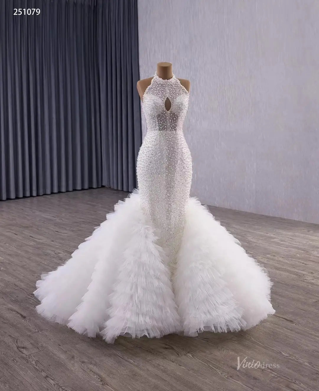 Mermaid Ruffle Wedding Dress | Halter Neck Beaded Bridal Gown with Detachable Shawl & Dramatic Tiered Tail 251079-wedding dresses 2025 -Viniodress-Ivory-Custom Size-