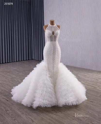 Mermaid Ruffle Wedding Dress | Halter Neck Beaded Bridal Gown with Detachable Shawl & Dramatic Tiered Tail 251079-wedding dresses 2025 -Viniodress-Ivory-Custom Size-