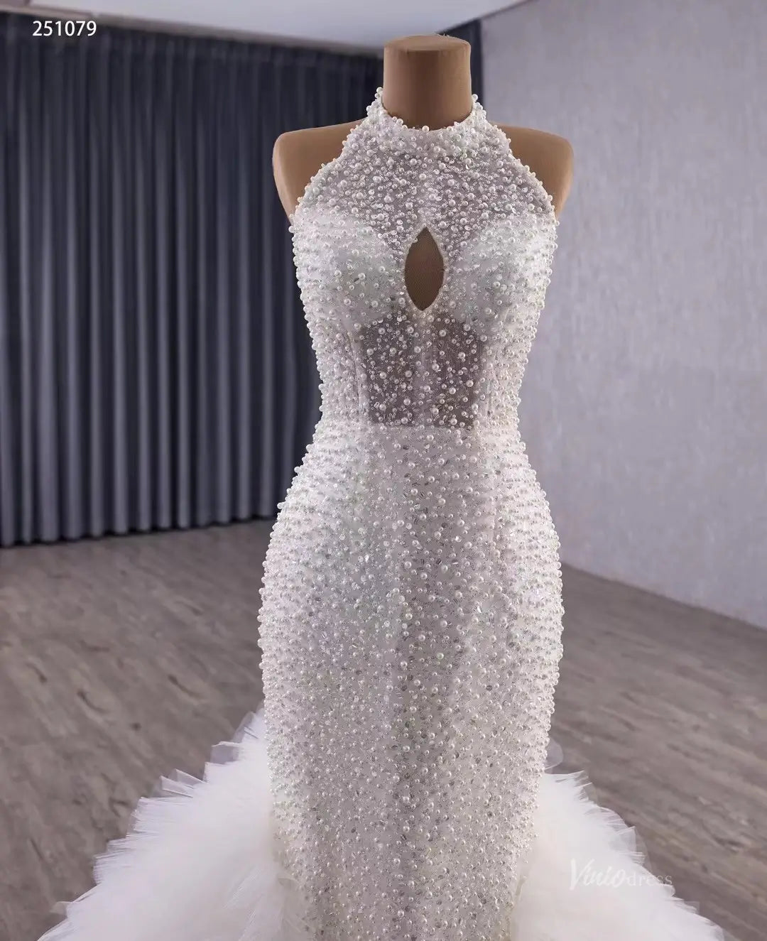 Mermaid Ruffle Wedding Dress | Halter Neck Beaded Bridal Gown with Detachable Shawl & Dramatic Tiered Tail 251079-wedding dresses 2025 -Viniodress-Ivory-Custom Size-