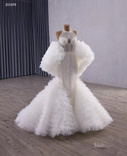 Mermaid Ruffle Wedding Dress | Halter Neck Beaded Bridal Gown with Detachable Shawl & Dramatic Tiered Tail 251079-wedding dresses 2025 -Viniodress-Ivory-Custom Size-