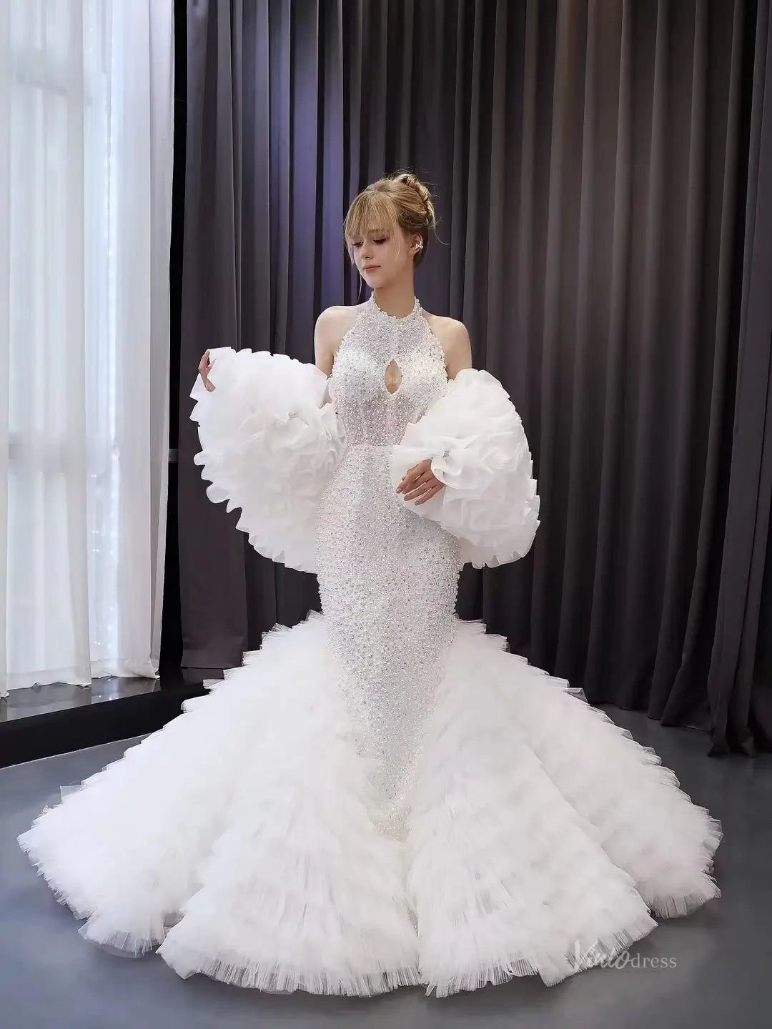 Mermaid Ruffle Wedding Dress | Halter Neck Beaded Bridal Gown with Detachable Shawl & Dramatic Tiered Tail 251079-wedding dresses 2025 -Viniodress-Ivory-Custom Size-