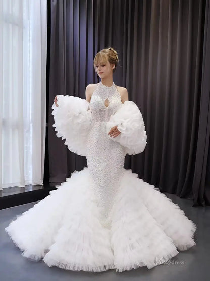 Mermaid Ruffle Wedding Dress | Halter Neck Beaded Bridal Gown with Detachable Shawl & Dramatic Tiered Tail 251079-wedding dresses 2025 -Viniodress-Ivory-Custom Size-