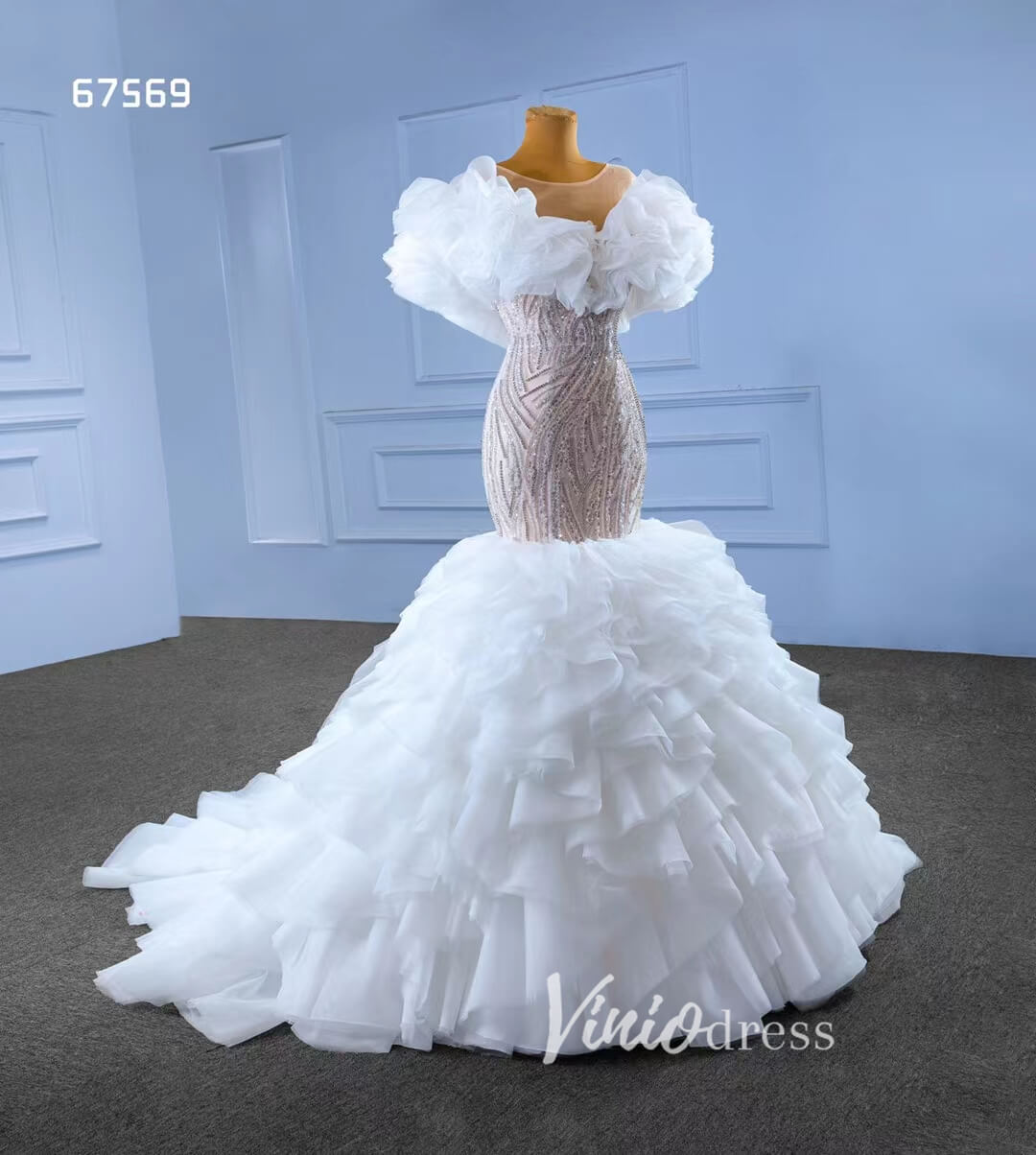 Mermaid Ruffle Wedding Dresses Layered Bridal Gown 67569-wedding dresses 2025 -Viniodress-Ivory-Custom Size-