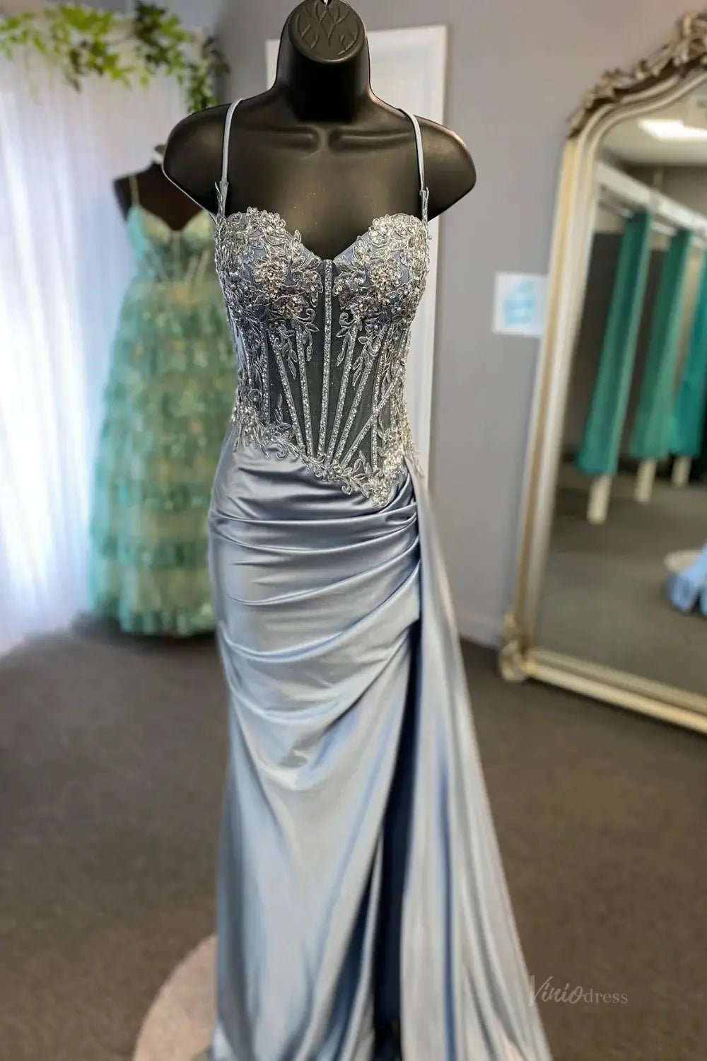 Mermaid Satin Prom Dresses 2025 with Slit, Sparkly Lace & Spaghetti Strap Bodice – FD5042 - Viniodressprom dressesDusty BlueCustom Size - Formal Dresses - Ball Gowns