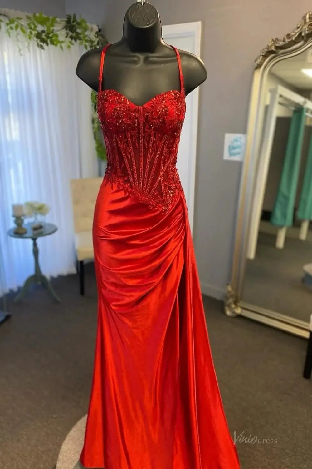 Mermaid Satin Prom Dresses 2025 with Slit, Sparkly Lace & Spaghetti Strap Bodice – FD5042 - Viniodressprom dressesGoldCustom Size - Formal Dresses - Ball Gowns