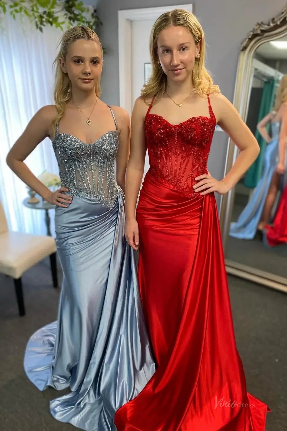 Mermaid Satin Prom Dresses 2025 with Slit, Sparkly Lace & Spaghetti Strap Bodice – FD5042 - Viniodressprom dressesGoldCustom Size - Formal Dresses - Ball Gowns