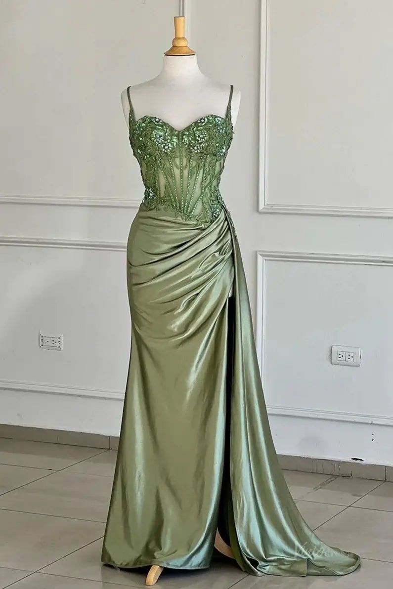 Mermaid Satin Prom Dresses 2025 with Slit, Sparkly Lace & Spaghetti Strap Bodice – FD5042 - Viniodressprom dressesSageCustom Size - Formal Dresses - Ball Gowns