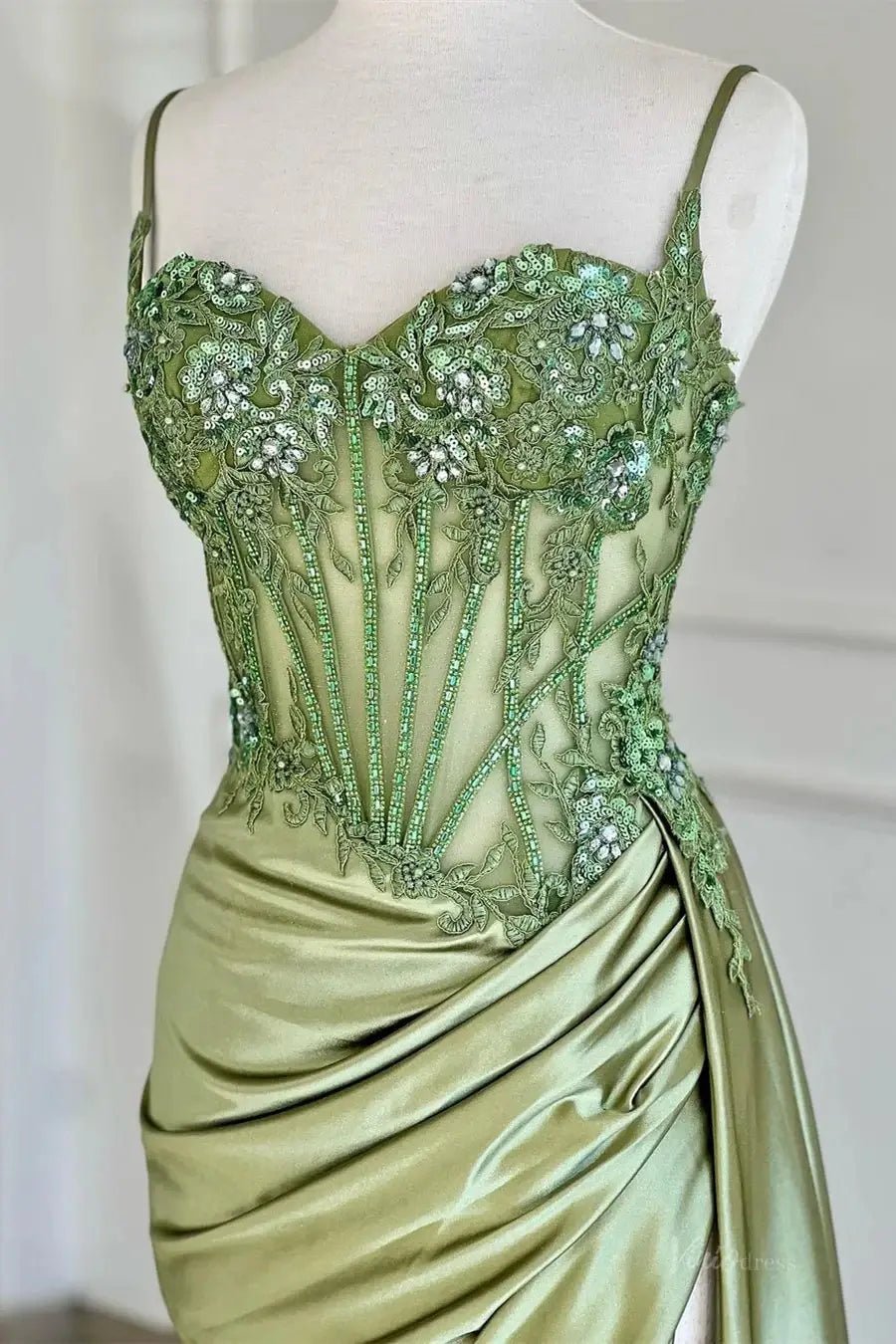 Mermaid Satin Prom Dresses 2025 with Slit, Sparkly Lace & Spaghetti Strap Bodice – FD5042 - Viniodressprom dressesSageCustom Size - Formal Dresses - Ball Gowns