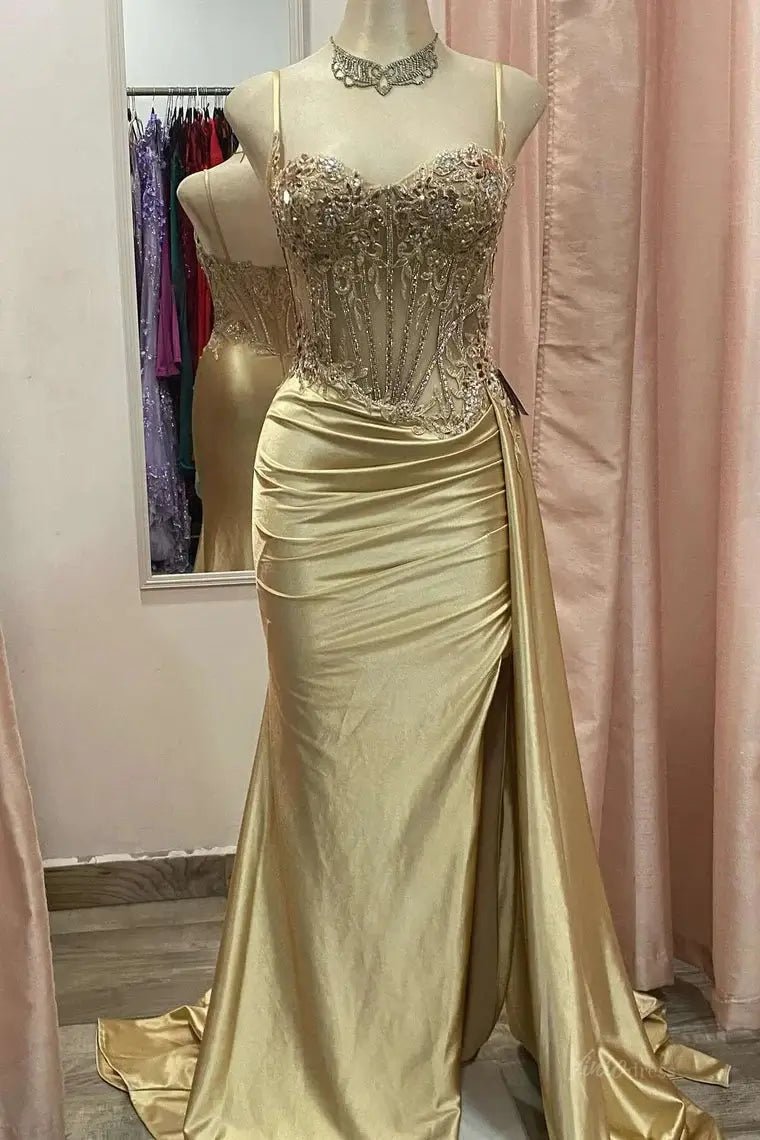 Mermaid Satin Prom Dresses 2025 with Slit Sparkly Wedding Guest Dress – FD5042-prom dresses 2025 -Viniodress-Gold-Custom Size-