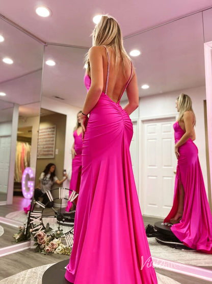 Mermaid Satin Prom Dresses with Slit Spaghetti Strap Evening Dress FD3657-prom dresses 2025 -Viniodress-Nude-Custom Size-