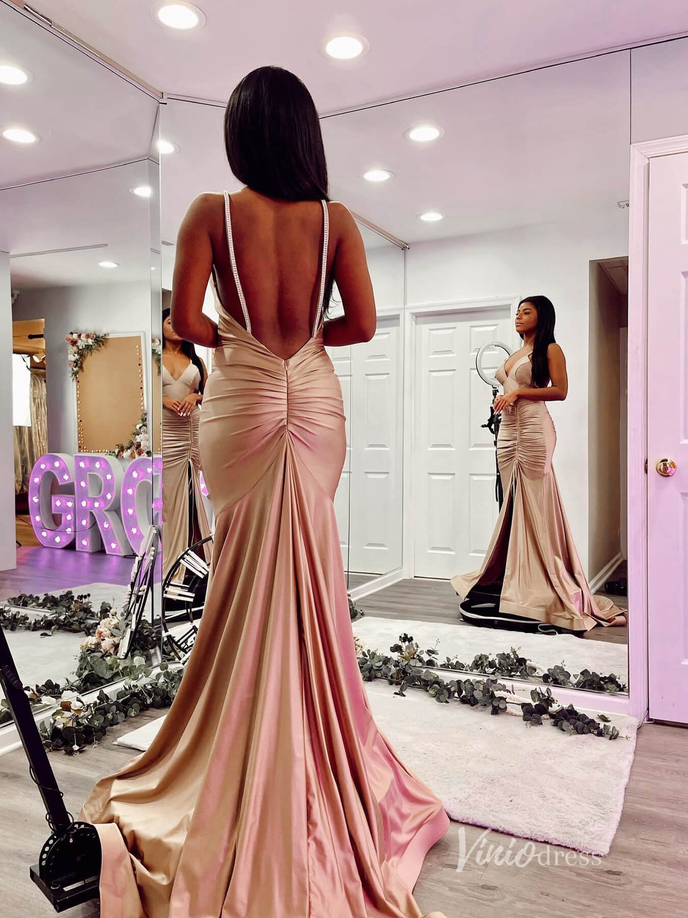 Mermaid Satin Prom Dresses with Slit Spaghetti Strap Evening Dress FD3657 - Viniodressprom dressesNudeCustom Size - Formal Dresses - Ball Gowns