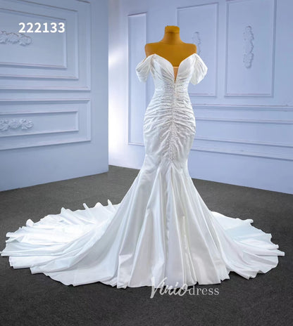 Mermaid Satin Wedding Dresses Off the Shoulder Bridal Dress 222133-wedding dresses 2025 -Viniodress-Ivory-Custom Size-