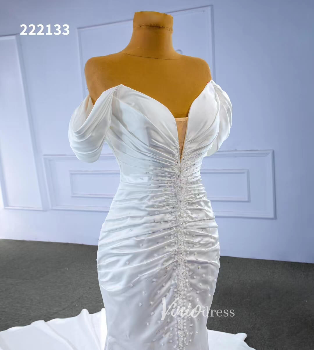 Mermaid Satin Wedding Dresses Off the Shoulder Bridal Dress 222133-wedding dresses 2025 -Viniodress-Ivory-Custom Size-