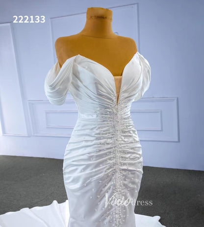 Mermaid Satin Wedding Dresses Off the Shoulder Bridal Dress 222133-wedding dresses 2025 -Viniodress-Ivory-Custom Size-