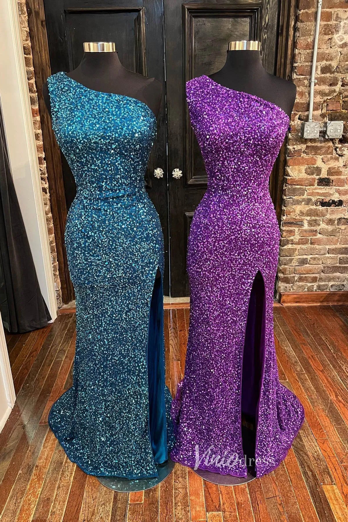 Mermaid Sequin Prom Dress One Shoulder Formal Dresses FD2959-prom dresses 2025 -Viniodress-Teal-Custom Size-