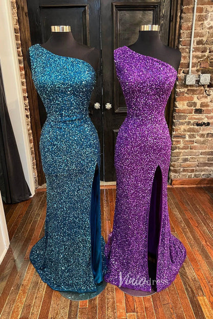 Mermaid Sequin Prom Dress One Shoulder Formal Dresses FD2959-prom dresses 2025 -Viniodress-Teal-Custom Size-