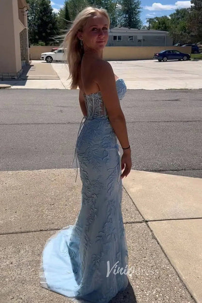 Mermaid Strapless Lace Prom Dresses Long Evening Dress FD1250F-prom dresses 2025 -Viniodress-Light Blue-Custom Size-