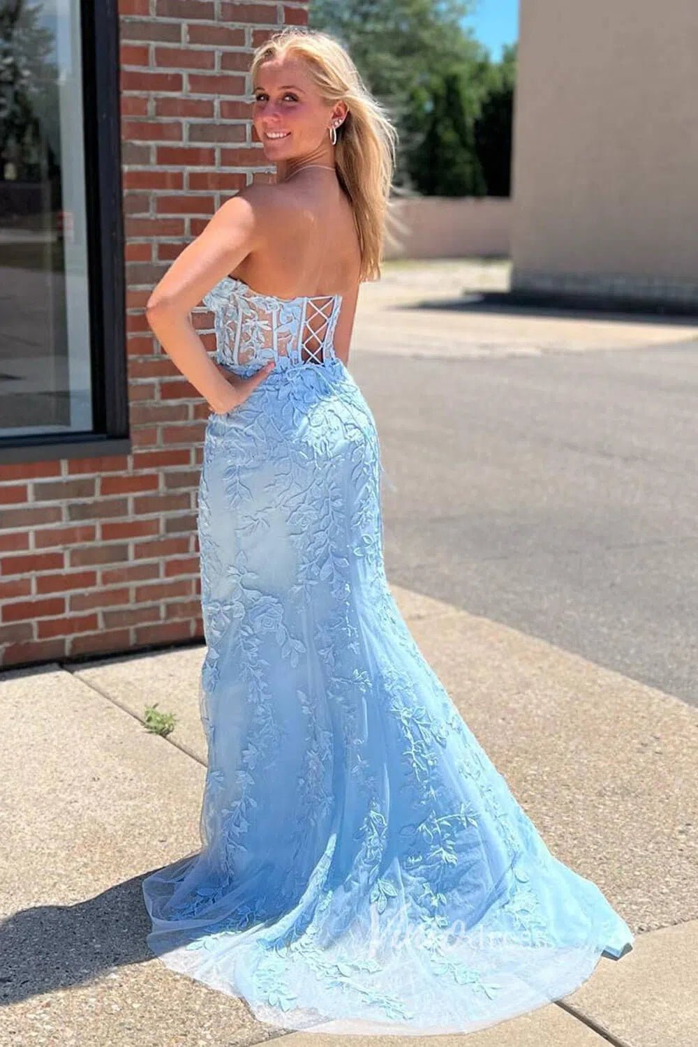 Mermaid Strapless Lace Prom Dresses Long Evening Dress FD1250F-prom dresses 2025 -Viniodress-Light Blue-Custom Size-
