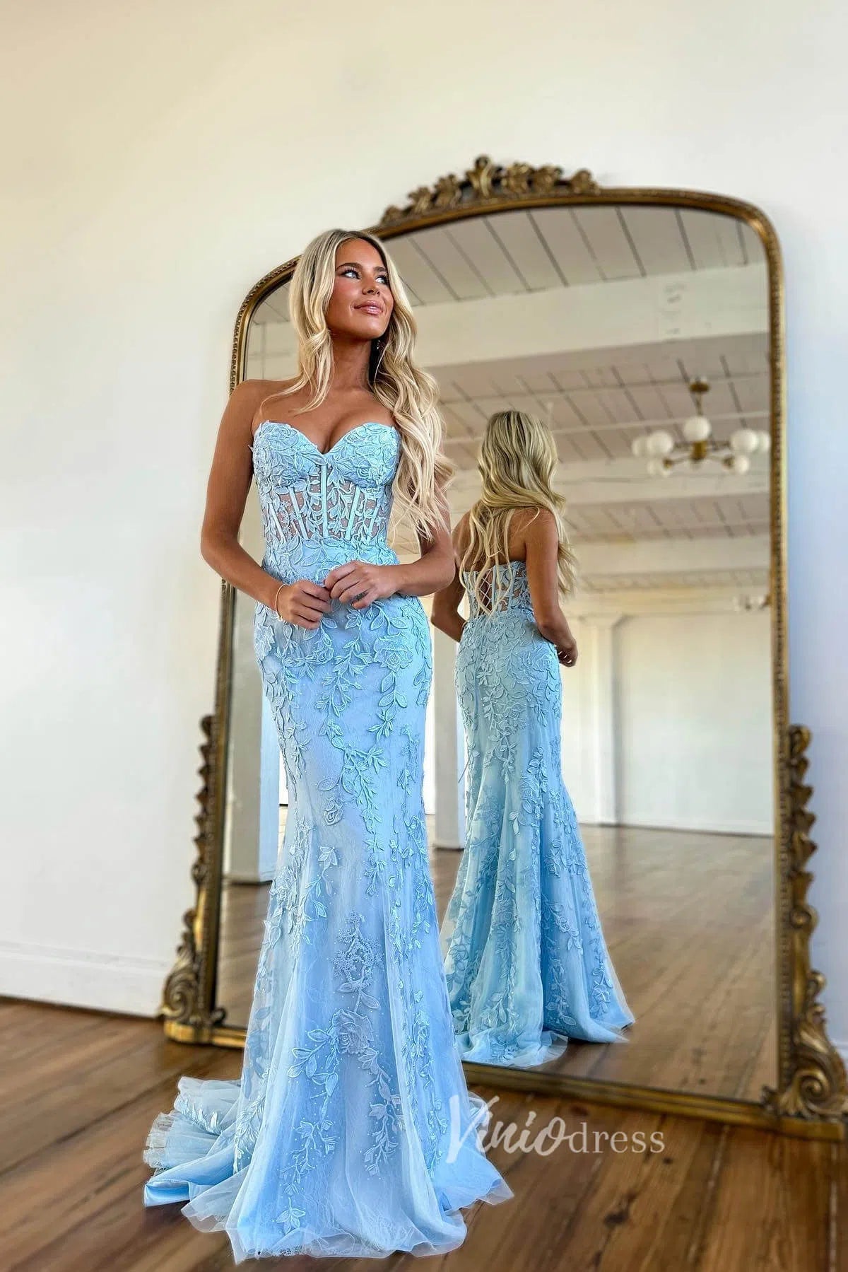 Mermaid Strapless Lace Prom Dresses Long Evening Dress FD1250F-prom dresses 2025 -Viniodress-Light Blue-Custom Size-