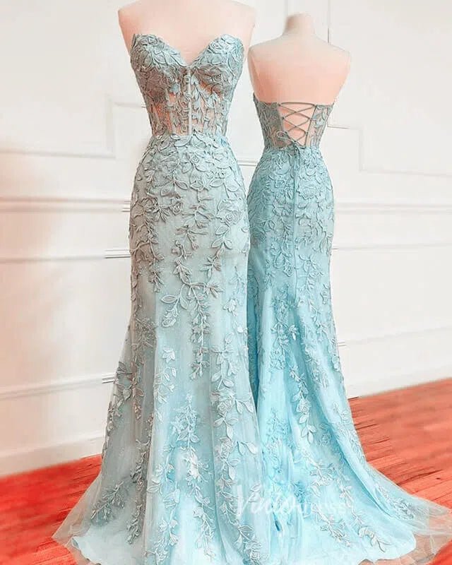 Mermaid Strapless Lace Prom Dresses Long Evening Dress FD1250F-prom dresses 2025 -Viniodress-Light Blue-Custom Size-