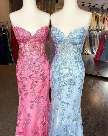 Mermaid Strapless Lace Prom Dresses Long Evening Dress FD1250F-prom dresses 2025 -Viniodress-Light Blue-Custom Size-