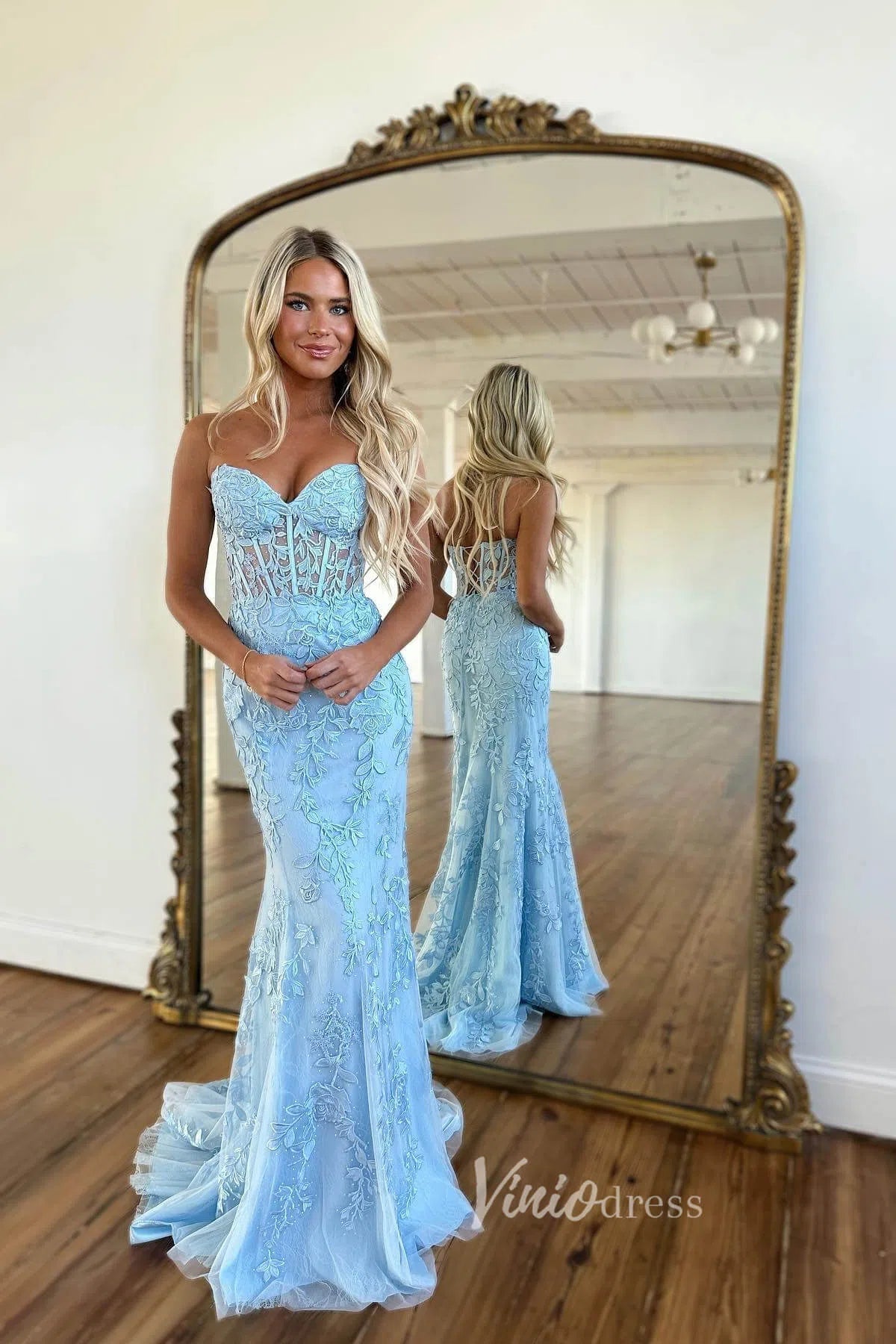 Mermaid Strapless Lace Prom Dresses Long Evening Dress FD1250F-prom dresses 2025 -Viniodress-Light Blue-Custom Size-