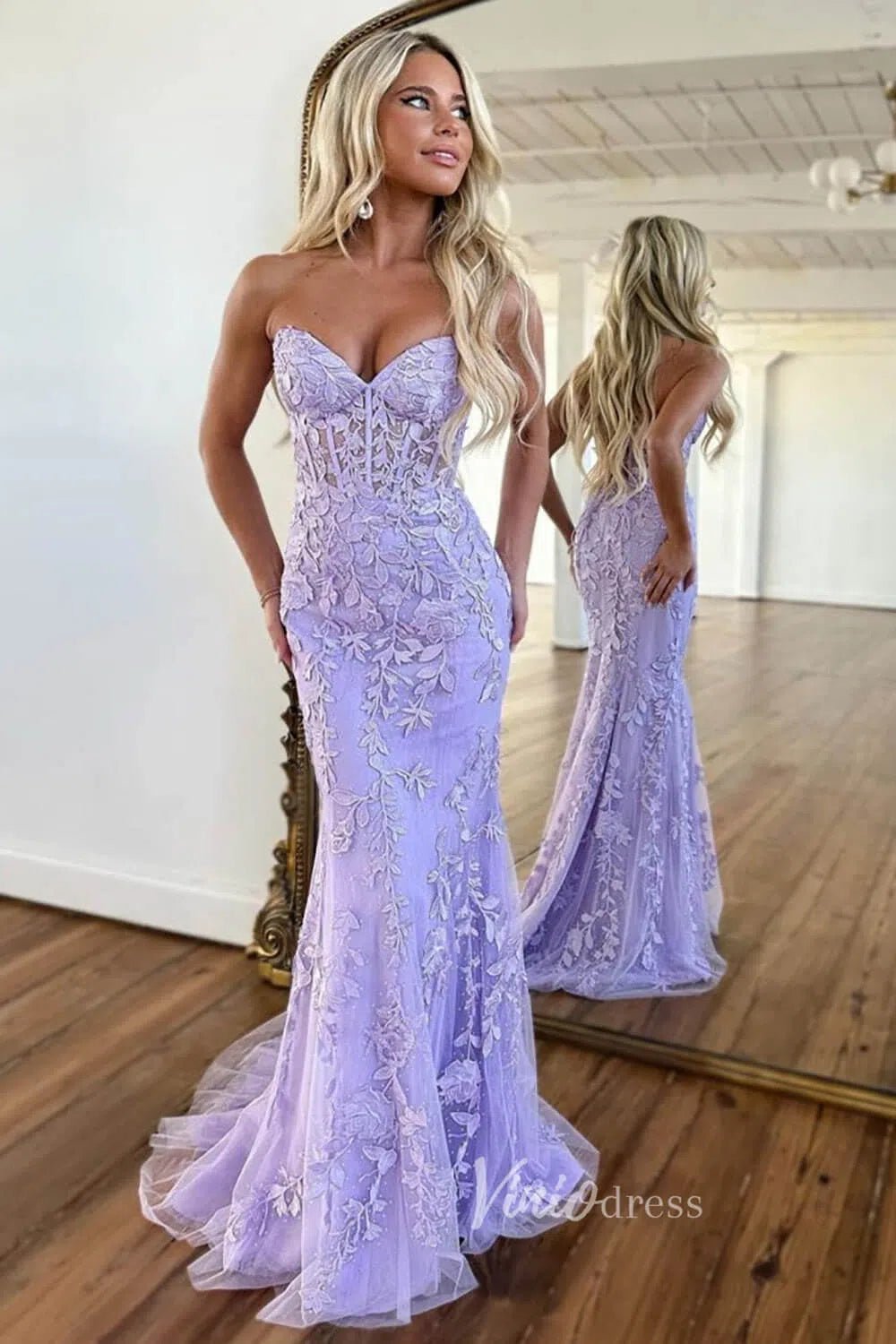 Mermaid Strapless Lace Prom Dresses Long Evening Dress FD1250F-prom dresses 2025 -Viniodress-Lilac-Custom Size-
