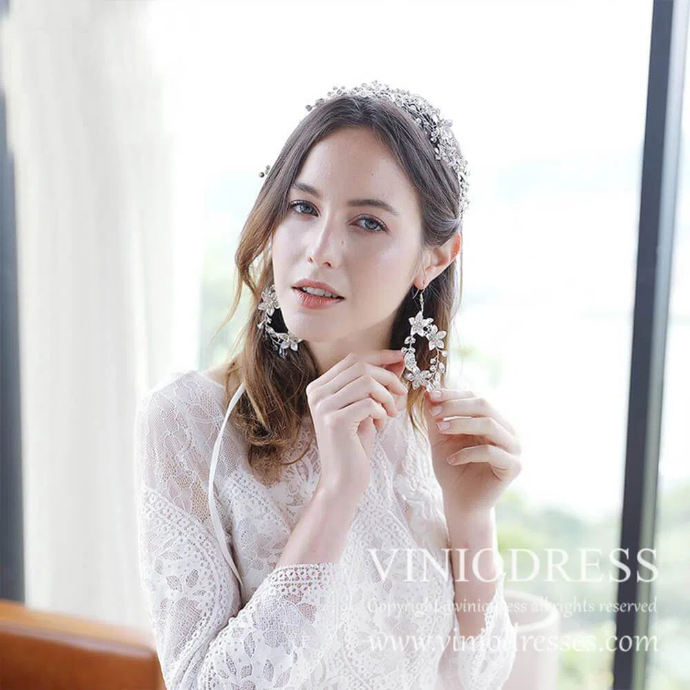 Metal Blossom Crystal Oval Earrings AC1054-Bridal Jewelry-Viniodress-Earrings-Viniodress