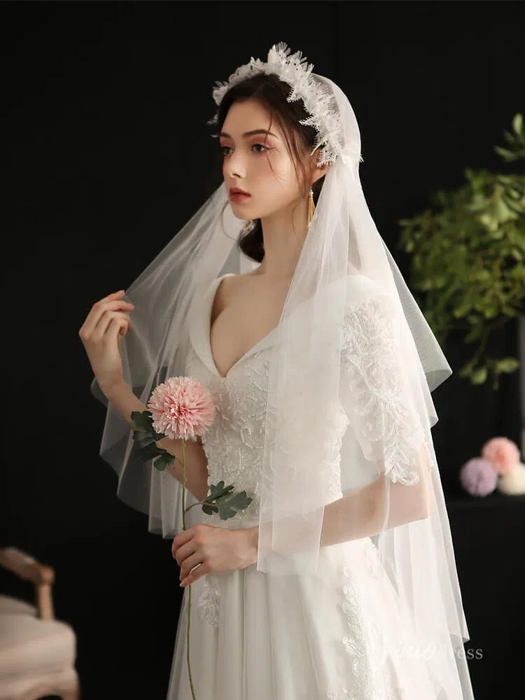 Mid Length Floral Juliet Cap Veils Viniodress AC1296-Bridal Veil 2025 -Viniodress-Ivory-