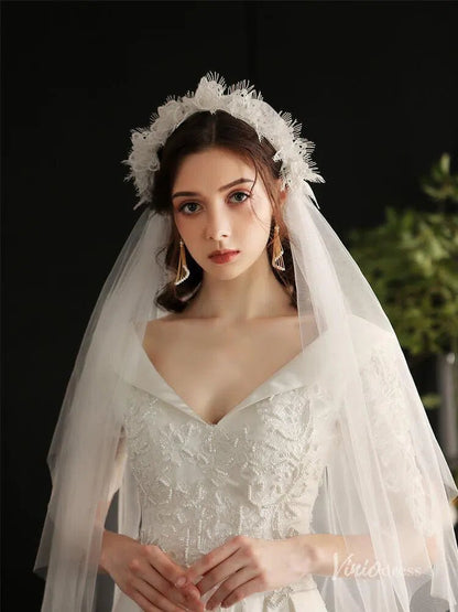 Mid Length Floral Juliet Cap Veils Viniodress AC1296-Bridal Veil 2025 -Viniodress-Ivory-