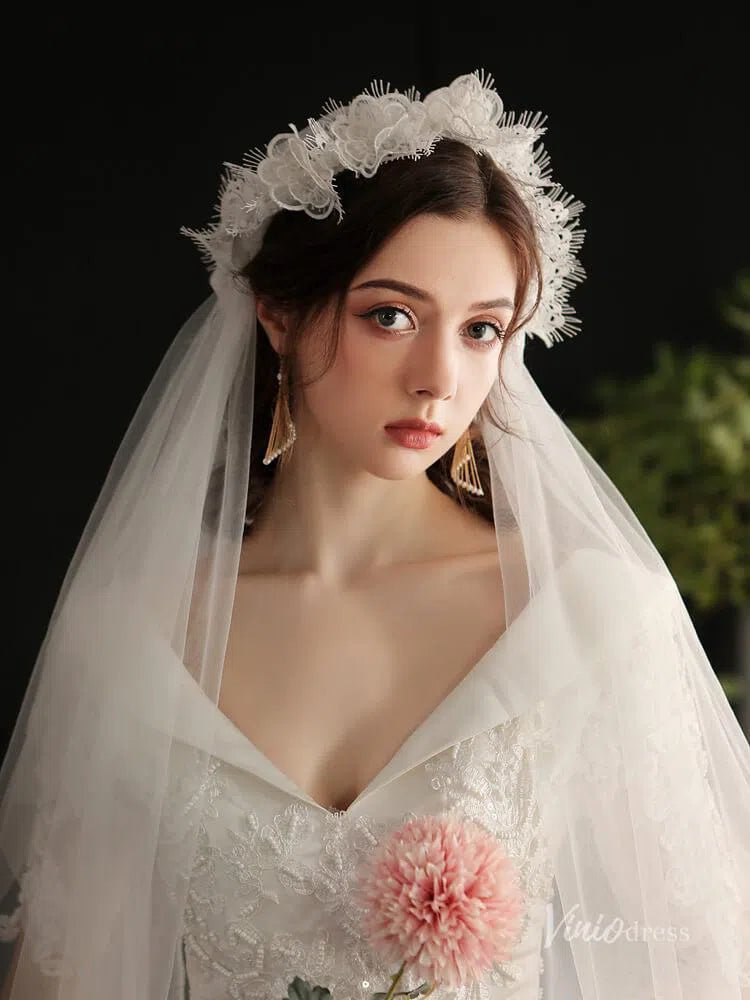 Mid Length Floral Juliet Cap Veils Viniodress AC1296-Bridal Veil 2025 -Viniodress-Ivory-