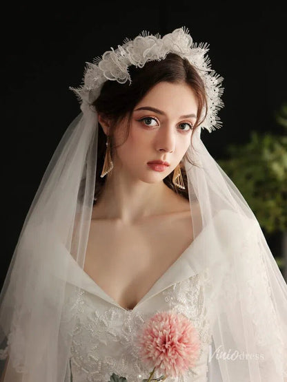 Mid Length Floral Juliet Cap Veils Viniodress AC1296-Bridal Veil 2025 -Viniodress-Ivory-