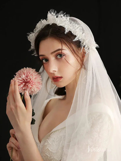 Mid Length Floral Juliet Cap Veils Viniodress AC1296-Bridal Veil 2025 -Viniodress-Ivory-