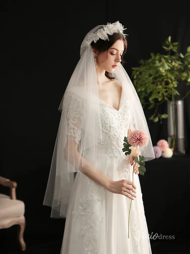 Mid Length Floral Juliet Cap Veils Viniodress AC1296-Veils-Viniodress-Ivory-Viniodress