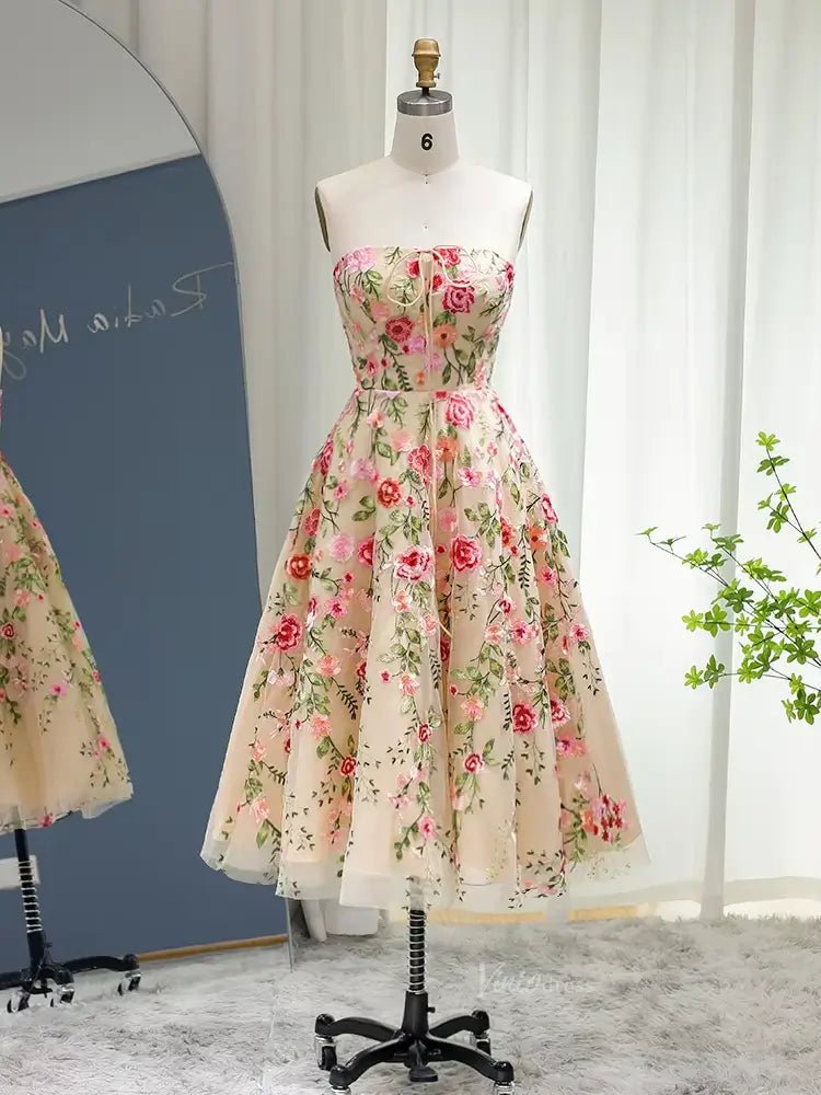 Midi Floral Prom Dresses with Bolero Long Sleeve Strapless Formal Dresses BD059-prom dresses 2025 -Viniodress-Champagne-Custom Size-