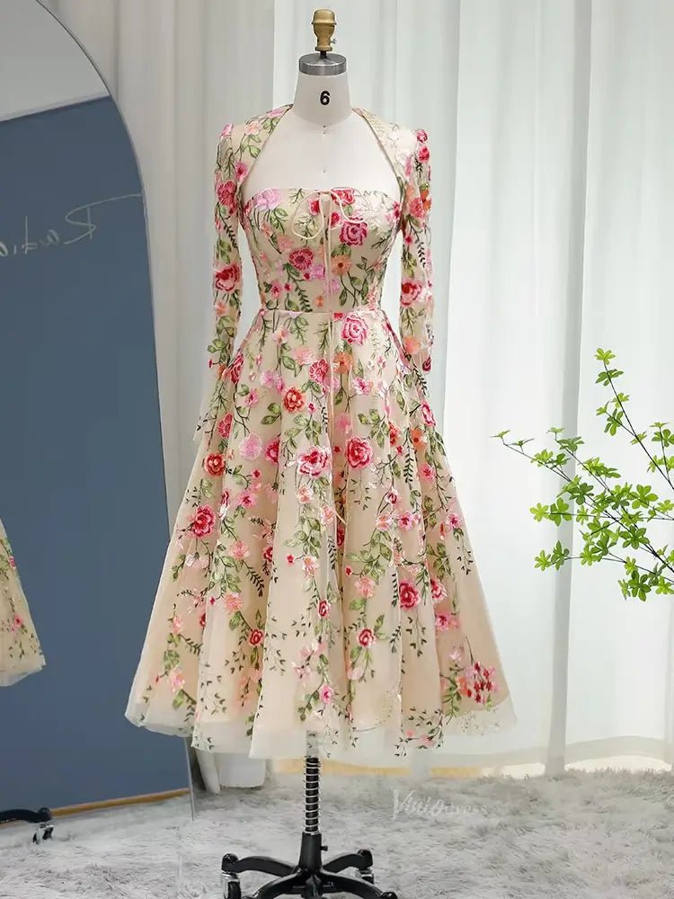 Midi Floral Prom Dresses with Bolero Long Sleeve Strapless Formal Dresses BD059-prom dresses 2025 -Viniodress-Champagne-Custom Size-