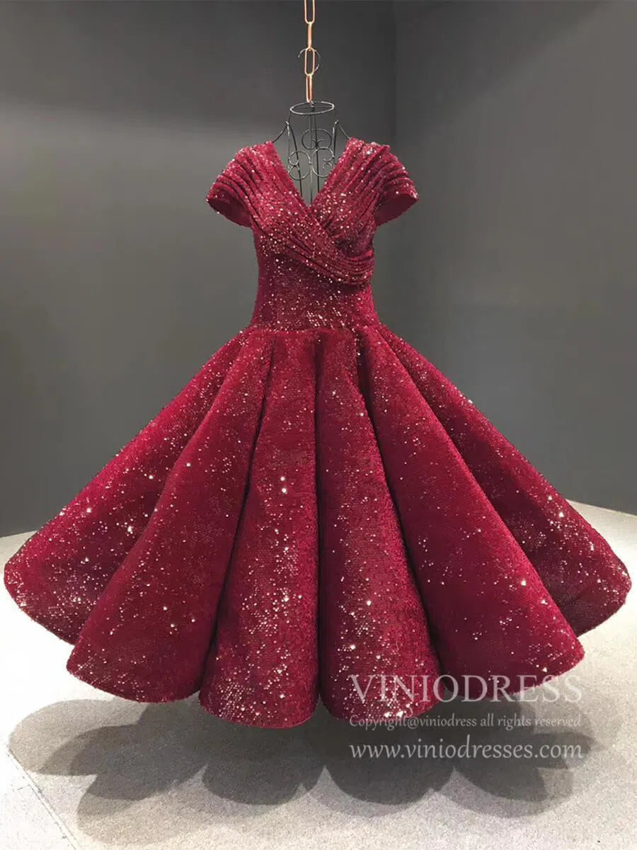 Midi Length Dark Red Sequin Prom Dresses V Neck Ball Gown 66567 viniodress-prom dresses 2025 -Viniodress-Burgundy-Custom Size-