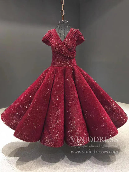 Midi Length Dark Red Sequin Prom Dresses V Neck Ball Gown 66567 viniodress-prom dresses 2025 -Viniodress-Burgundy-Custom Size-