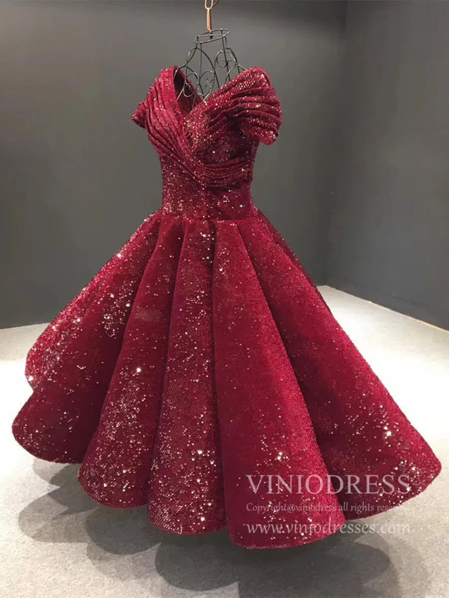 Midi Length Dark Red Sequin Prom Dresses V Neck Ball Gown 66567 viniodress-prom dresses 2025 -Viniodress-Burgundy-Custom Size-