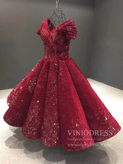 Midi Length Dark Red Sequin Prom Dresses V Neck Ball Gown 66567 viniodress-prom dresses 2025 -Viniodress-Burgundy-Custom Size-