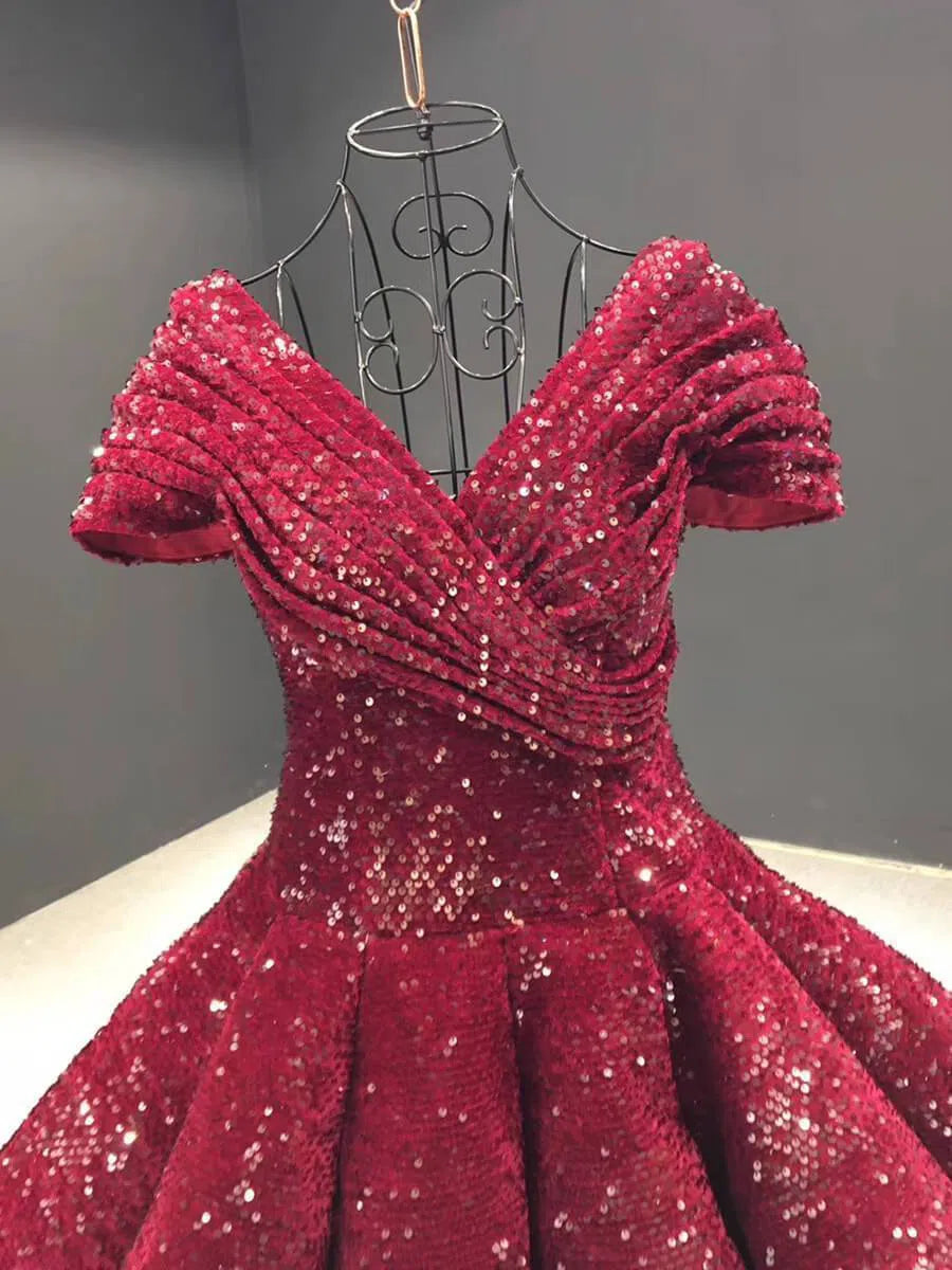 Midi Length Dark Red Sequin Prom Dresses V Neck Ball Gown 66567 viniodress-prom dresses 2025 -Viniodress-Burgundy-Custom Size-