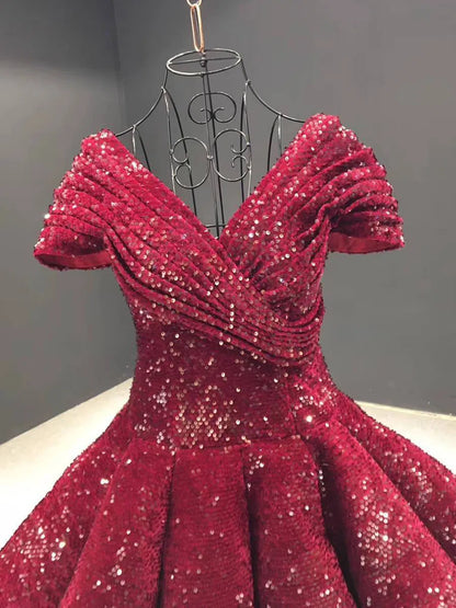 Midi Length Dark Red Sequin Prom Dresses V Neck Ball Gown 66567 viniodress-prom dresses 2025 -Viniodress-Burgundy-Custom Size-