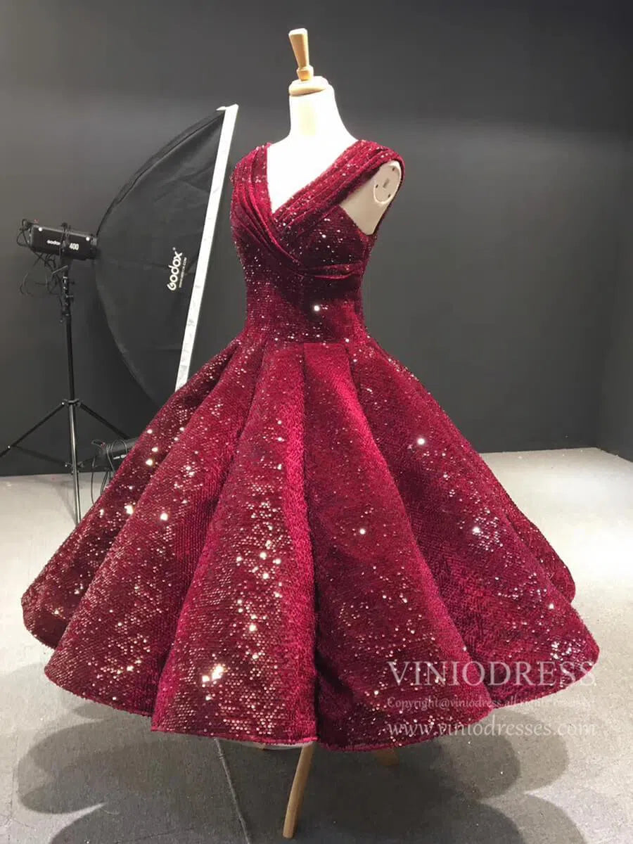 Midi Length Dark Red Sequin Prom Dresses V Neck Ball Gown 66567 viniodress-prom dresses 2025 -Viniodress-Burgundy-Custom Size-