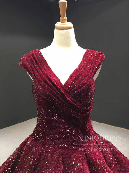Midi Length Dark Red Sequin Prom Dresses V Neck Ball Gown 66567 viniodress-prom dresses 2025 -Viniodress-Burgundy-Custom Size-
