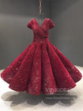 Midi Length Dark Red Sequin Prom Dresses V Neck Ball Gown 66567 viniodress-prom dresses-Viniodress-Viniodress