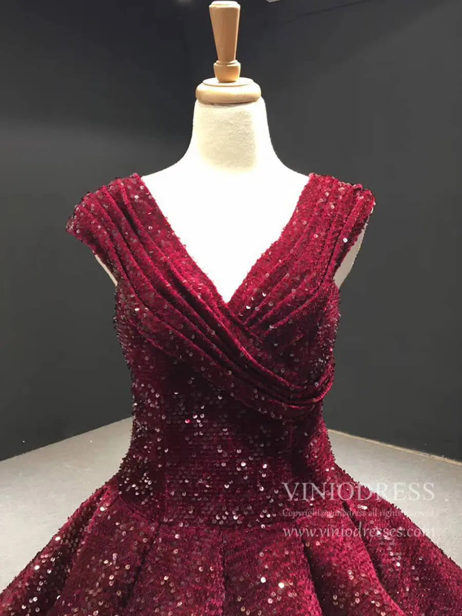 prom dresses 2025 Midi Length Dark Red Sequin Prom Dresses V Neck Ball Gown 66567 viniodress-plus size wedding dresses Viniodress-Burgundy-Custom Size-