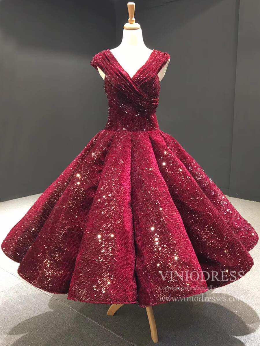 Midi Length Dark Red Sequin Prom Dresses V Neck Ball Gown 66567 viniodress-prom dresses-Viniodress-Burgundy-Custom Size-Viniodress