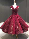 Midi Length Dark Red Sequin Prom Dresses V Neck Ball Gown 66567 viniodress