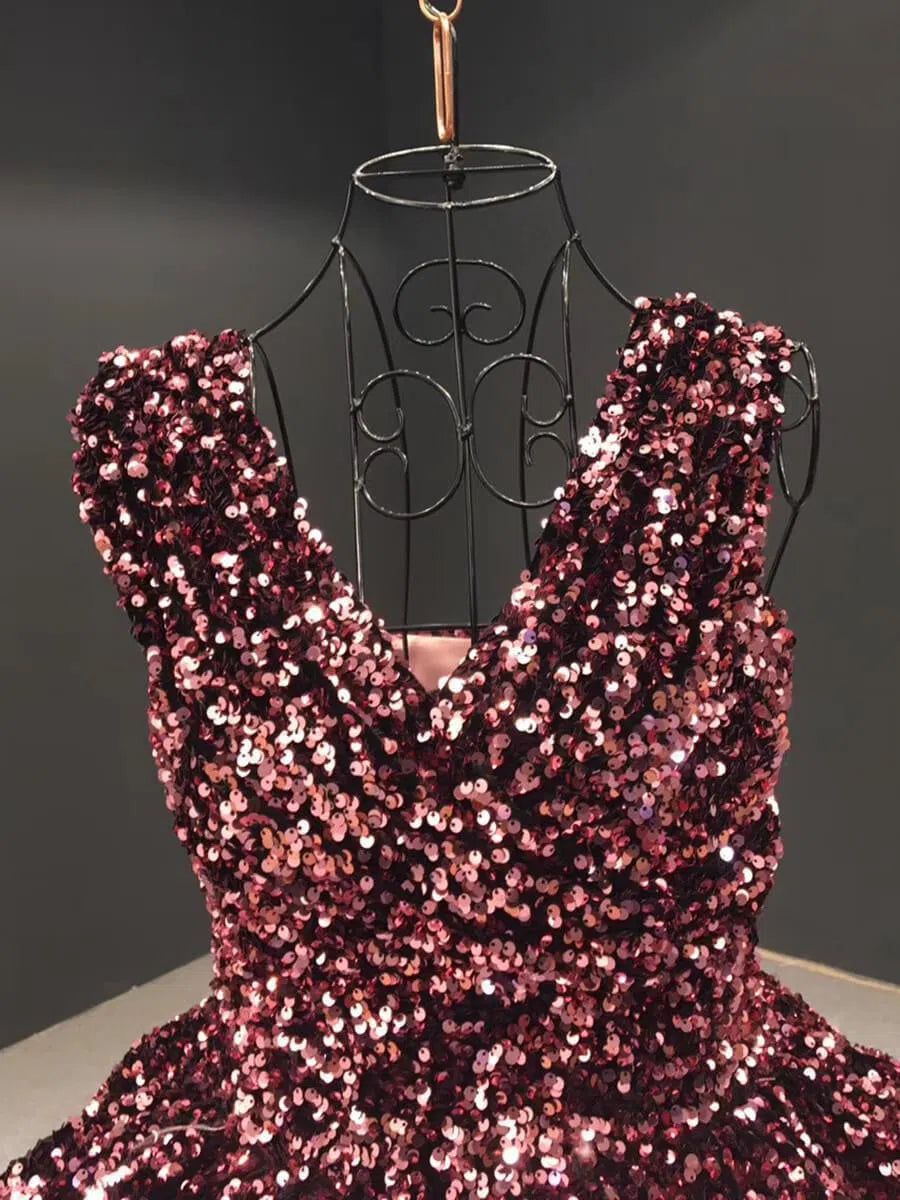 Midi Prom Dresses Shiny Cocktail Dress 66991 V-Neck-prom dresses 2025 -Viniodress-Pink-Custom Size-